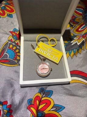 Invicta Rose Pink Dial Pendant Watch Necklace with Crystal Bezel